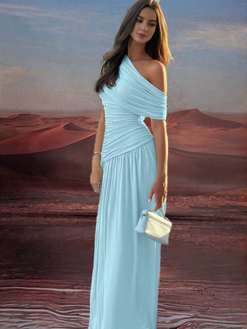 Zakaka Solid Color Oblique Shoulder Ruffle Irregular Draped Hem Sleeveless Elegant Fashion Trendy Evening Party Maxi Dress