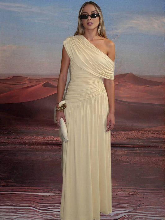 Zakaka Oblique Shoulder Ruffle Irregular Draped Hem Sleeveless Elegant Fashion Trendy Evening Party Maxi Dress