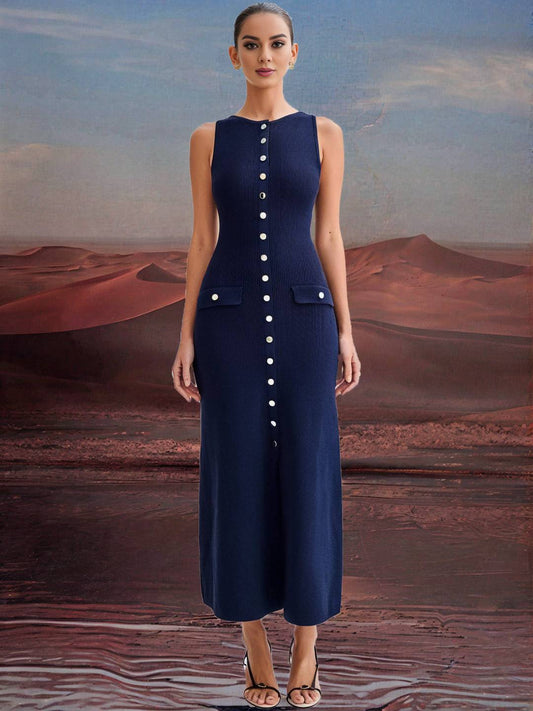 Zakaka Solid Color Slim Single Breasted Round Neck Sleeveless Elegant Fashion Casual Work Knitwear Maxi Dress