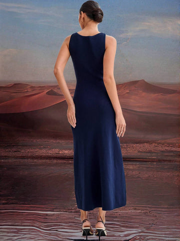 Zakaka Solid Color Slim Single Breasted Round Neck Sleeveless Elegant Fashion Casual Work Knitwear Maxi Dress