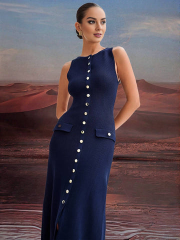 Zakaka Solid Color Slim Single Breasted Round Neck Sleeveless Elegant Fashion Casual Work Knitwear Maxi Dress