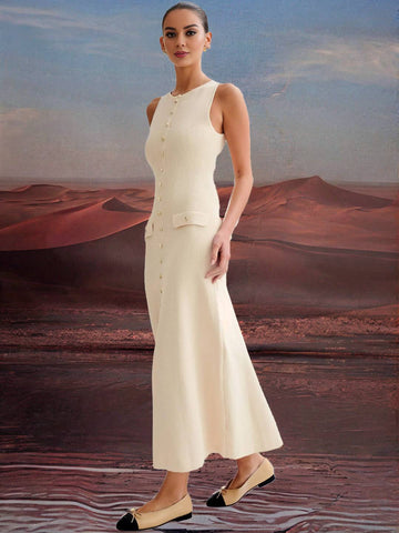 Zakaka Solid Color Slim Single Breasted Round Neck Sleeveless Elegant Fashion Casual Work Knitwear Maxi Dress