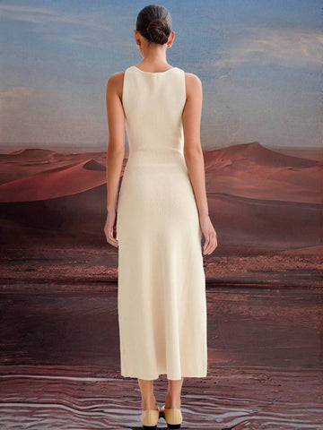 Zakaka Solid Color Slim Single Breasted Round Neck Sleeveless Elegant Fashion Casual Work Knitwear Maxi Dress