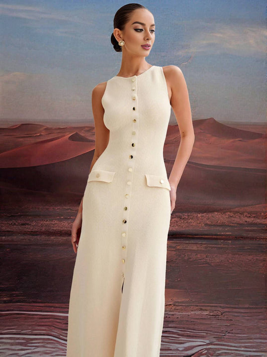 Zakaka Women Solid Color Slim Single Breasted Round Neck Sleeveless Elegant Knitwear Maxi Dress
