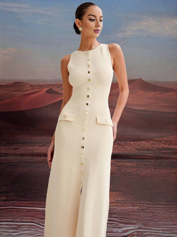 Zakaka Solid Color Slim Single Breasted Round Neck Sleeveless Elegant Fashion Casual Work Knitwear Maxi Dress
