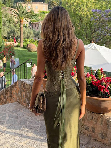 Zakaka Women Lace Corset Bustier Satin Maxi Dress Spaghetti Strap Elegant Formal Evening Party Gown Bodysuite Skirt Set