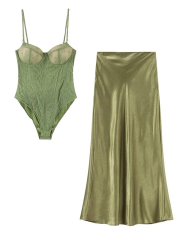 Zakaka Women Lace Corset Bustier Satin Maxi Dress Spaghetti Strap Elegant Formal Evening Party Gown Bodysuite Skirt Set