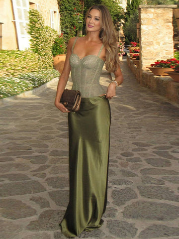 Zakaka Women Lace Corset Bustier Satin Maxi Dress Spaghetti Strap Elegant Formal Evening Party Gown Bodysuite Skirt Set