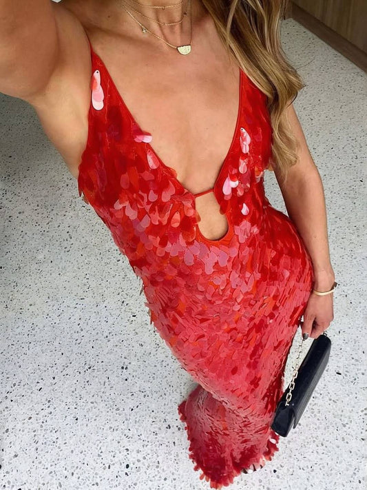 Zakaka Women's Sequin Mermaid Maxi Dress Sexy V Neck Keyhole Bodycon Formal Gown