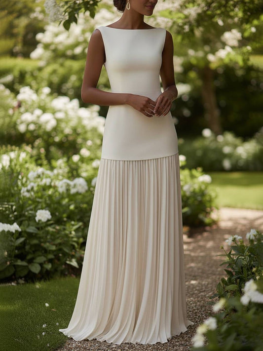 Zakaka Women's Elegant Pleated Maxi Dress Sleeveless Boat Neck Empire Waist Gown