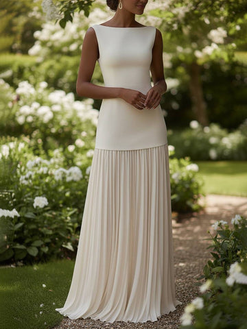Zakaka Women's Elegant Pleated Maxi Dress Sleeveless Boat Neck Empire Waist Gown for Wedding Guest Formal Party