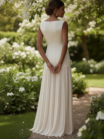 Zakaka Women's Elegant Pleated Maxi Dress Sleeveless Boat Neck Empire Waist Gown for Wedding Guest Formal Party