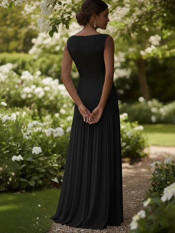 Zakaka Women's Elegant Pleated Maxi Dress Sleeveless Boat Neck Empire Waist Gown for Wedding Guest Formal Party