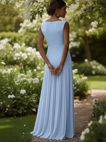 Zakaka Women's Elegant Pleated Maxi Dress Sleeveless Boat Neck Empire Waist Gown for Wedding Guest Formal Party