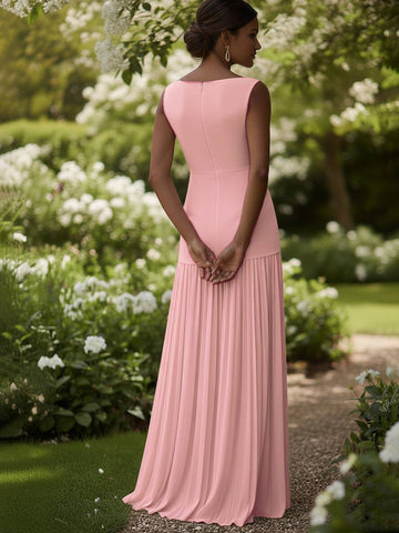 Zakaka Women's Elegant Pleated Maxi Dress Sleeveless Boat Neck Empire Waist Gown for Wedding Guest Formal Party