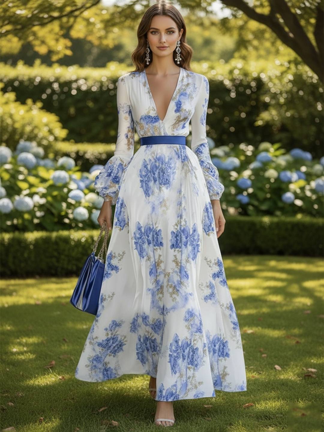 Zakaka Women's Floral Print Maxi Dress Long Bishop Sleeve V Neck Belted Gown for Wedding Guest Races Party