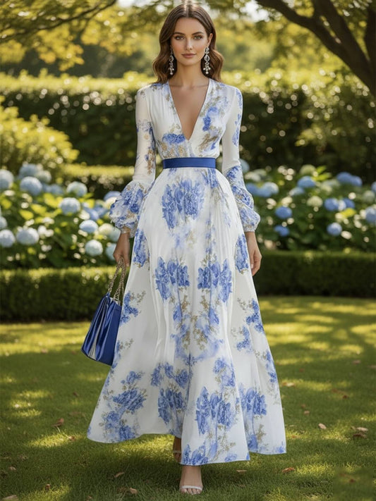 Zakaka Women's Floral Print Maxi Dress Long Bishop Sleeve V Neck Belted Gown for Wedding Guest Races Party
