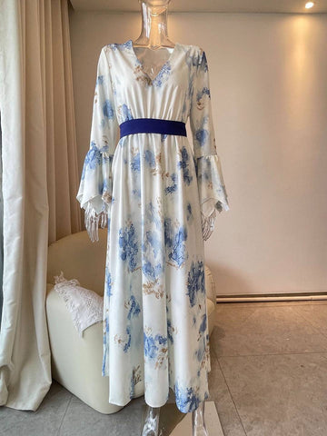 Zakaka Women's Floral Print Maxi Dress Long Bishop Sleeve V Neck Belted Gown for Wedding Guest Races Party