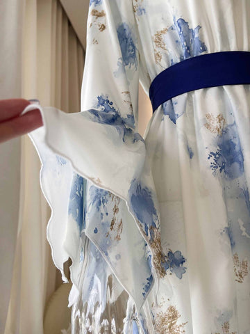 Zakaka Women's Floral Print Maxi Dress Long Bishop Sleeve V Neck Belted Gown for Wedding Guest Races Party