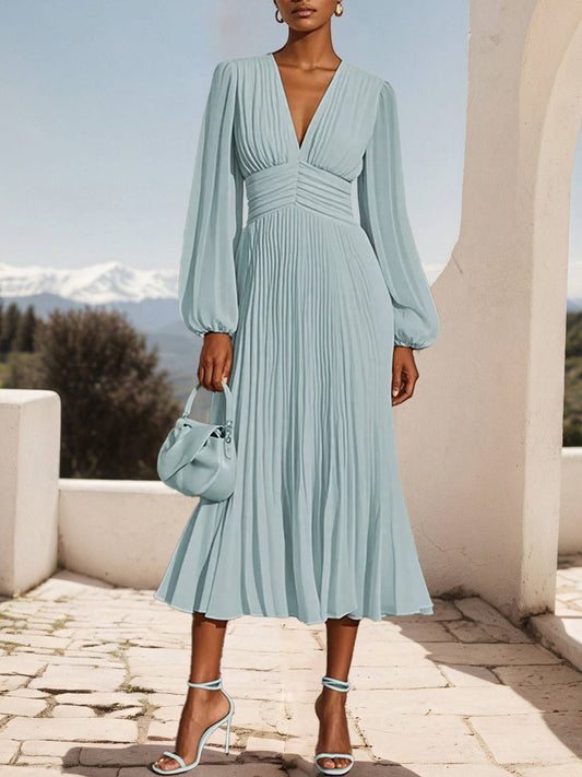 Zakaka Women's Elegant Pleated Maxi Dress Long Bishop Sleeve V Neck Chiffon Gown for Wedding Guest