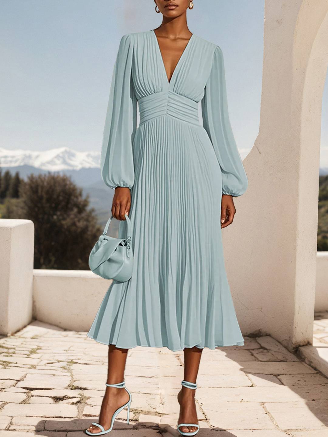 Zakaka Women's Elegant Pleated Maxi Dress Long Bishop Sleeve V Neck Chiffon Gown for Wedding Guest Races Ceremony