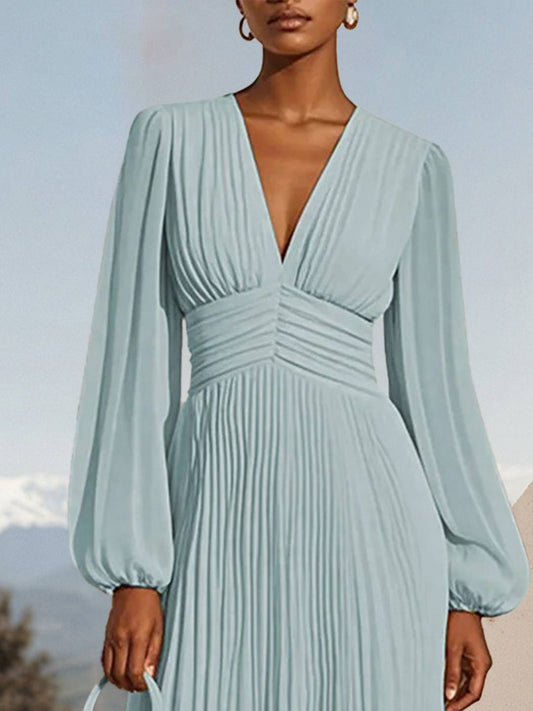 Zakaka Women's Elegant Pleated Maxi Dress Long Bishop Sleeve V Neck Chiffon Gown for Wedding Guest
