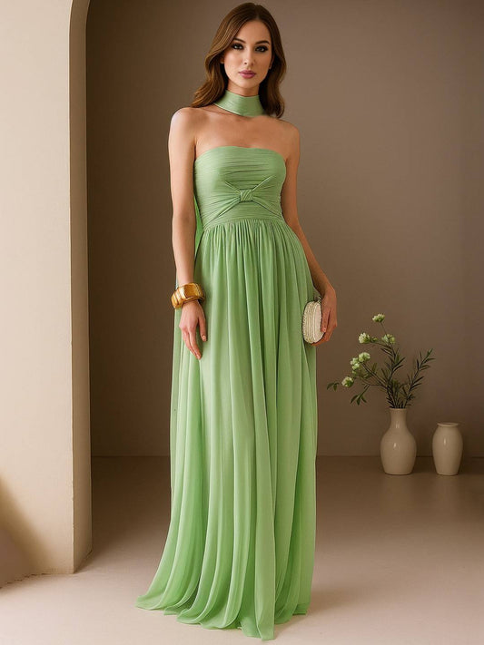 Zakaka Women's Strapless Chiffon Maxi Dress with Choker A-Line Formal Gown