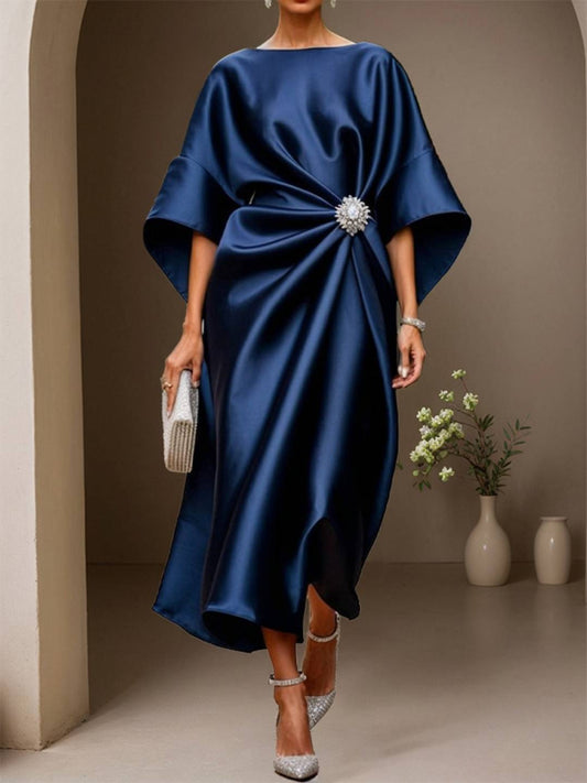 Zakaka Women's Elegant Satin Cocktail Dress Batwing Sleeve Draped Midi Gown for Mother of the Bride Wedding