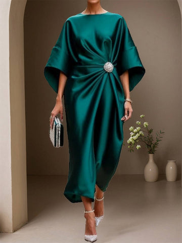 Zakaka Women's Elegant Satin Cocktail Dress Batwing Sleeve Draped Midi Gown for Mother of the Bride Wedding