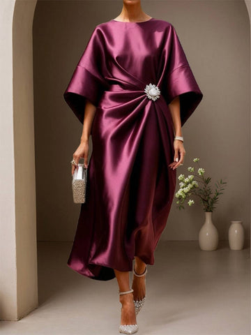 Zakaka Women's Elegant Satin Cocktail Dress Batwing Sleeve Draped Midi Gown for Mother of the Bride Wedding