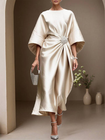 Zakaka Women's Elegant Satin Cocktail Dress Batwing Sleeve Draped Midi Gown for Mother of the Bride Wedding