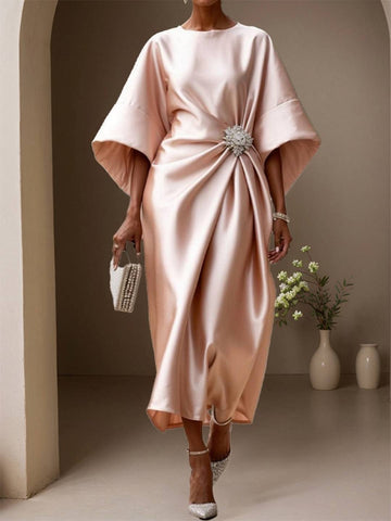 Zakaka Women's Elegant Satin Cocktail Dress Batwing Sleeve Draped Midi Gown for Mother of the Bride Wedding