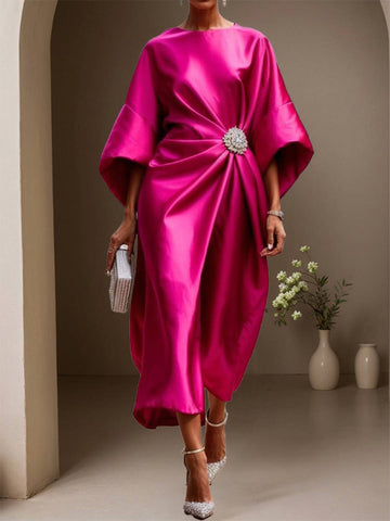 Zakaka Women's Elegant Satin Cocktail Dress Batwing Sleeve Draped Midi Gown for Mother of the Bride Wedding