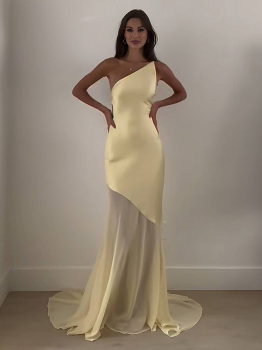 Zakaka Elegant Oblique Shoulder Backless Maxi Dress for Women Bodycon Asymmetrical Sheer Panel Mermaid Formal Evening Gown