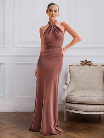 Zakaka Women's Elegant Halter Neck Maxi Dress Sleeveless Backless Formal Gown for Wedding Guest Bridesmaid