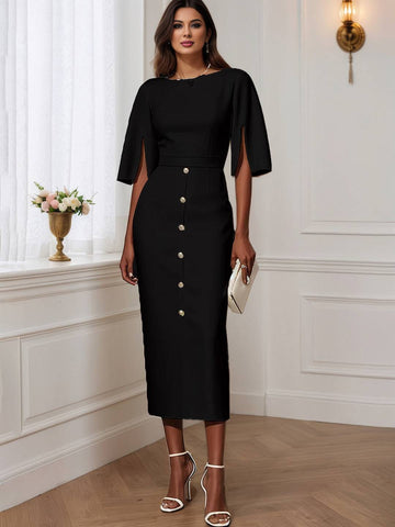 Zakaka Women's Elegant Sheath Dress Bodycon Button Front Midi Pencil Dress for Work Wedding Guest Chic Outfit