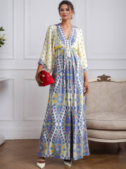 Zakaka Women's V Neck Long Sleeve Empire Waist Bohemian Print Flowy Kaftan Maxi Dress for Summer Beach