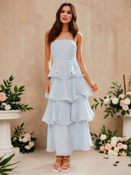Zakaka Women's Strapless Tiered Maxi Dress A-Line Ruffle Layered Gown for Wedding Guest
