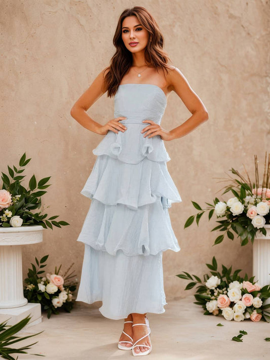 Zakaka Women's Strapless Tiered Maxi Dress A-Line Ruffle Layered Gown for Wedding Guest Bridesmaid Cocktail