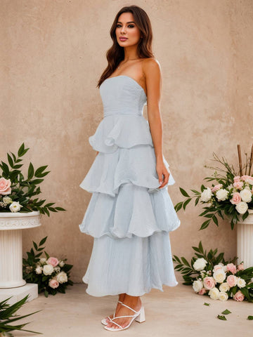 Zakaka Women's Strapless Tiered Maxi Dress A-Line Ruffle Layered Gown for Wedding Guest Bridesmaid Cocktail