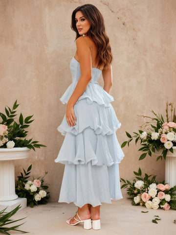 Zakaka Women's Strapless Tiered Maxi Dress A-Line Ruffle Layered Gown for Wedding Guest Bridesmaid Cocktail
