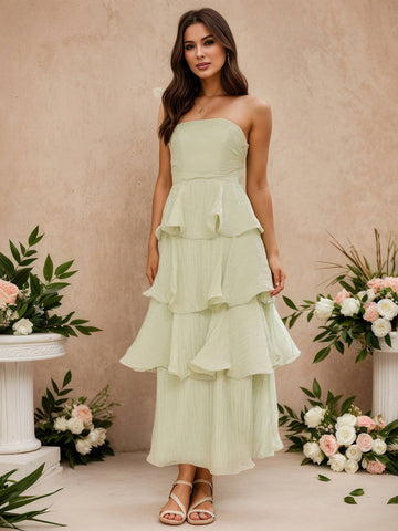 Zakaka Women's Strapless Tiered Maxi Dress A-Line Ruffle Layered Gown for Wedding Guest Bridesmaid Cocktail