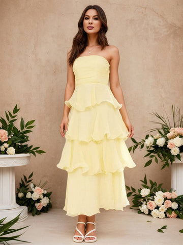 Zakaka Women's Strapless Tiered Maxi Dress A-Line Ruffle Layered Gown for Wedding Guest Bridesmaid Cocktail