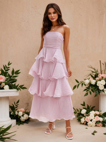 Zakaka Women's Strapless Tiered Maxi Dress A-Line Ruffle Layered Gown for Wedding Guest Bridesmaid Cocktail