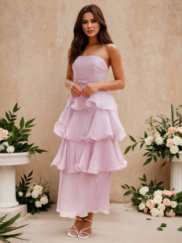 Zakaka Women's Strapless Tiered Maxi Dress A-Line Ruffle Layered Gown for Wedding Guest Bridesmaid Cocktail