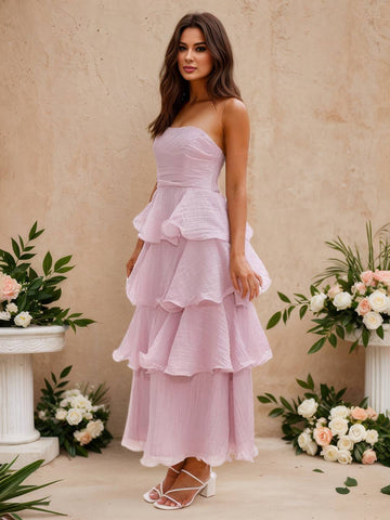 Zakaka Women's Strapless Tiered Maxi Dress A-Line Ruffle Layered Gown for Wedding Guest Bridesmaid Cocktail