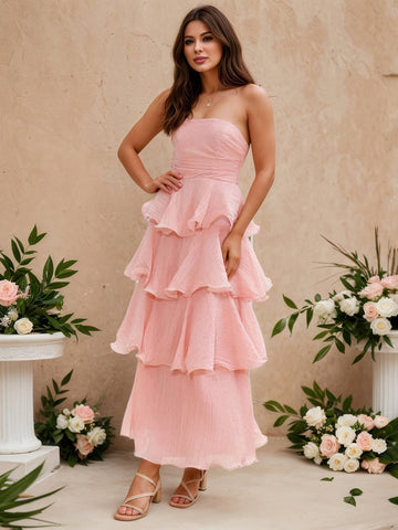 Zakaka Women's Strapless Tiered Maxi Dress A-Line Ruffle Layered Gown for Wedding Guest Bridesmaid Cocktail