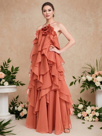 Zakaka Women's Romantic Tiered Ruffle Maxi Dress Sleeveless Halter Gown for Formal Wedding Guest Holiday Dress