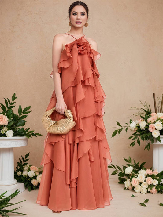 Zakaka Women's Romantic Tiered Ruffle Sleeveless Halter Maxi Dress