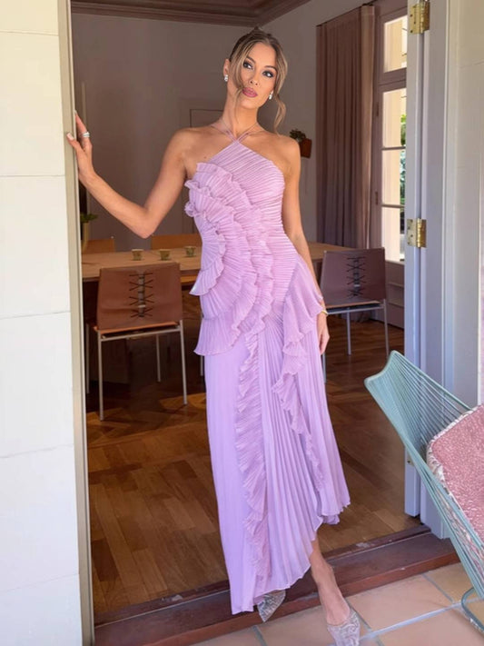 Zakaka Elegant Ruffle Cocktail Dress for Women Pleated Asymmetrical Halter Neck Midi Wedding Guest Races Gown